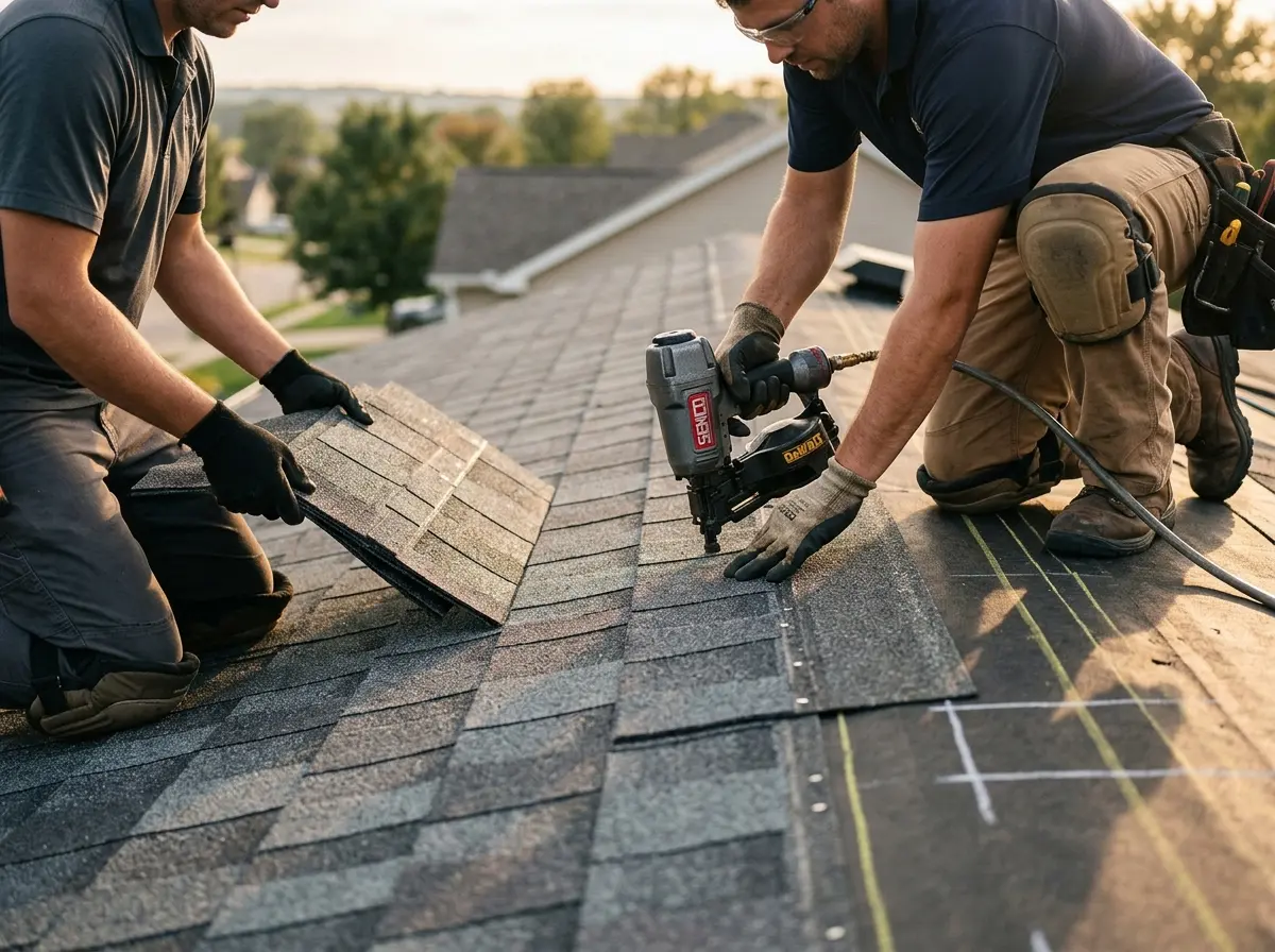 Professional roofer working on a residential roof in Parkway